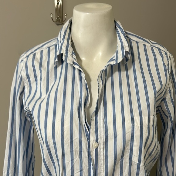Frank and Eileen Barry Relaxed Crinkle Button Up Shirt White Blue Pinstripe Sz S - Picture 3 of 12